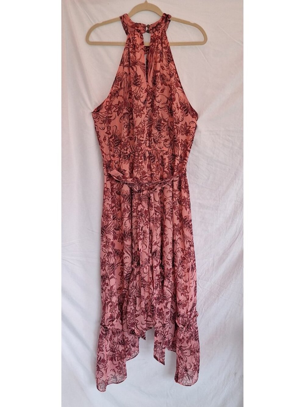Estelle Sophia Halter Dress Floral Handkerchief Hem Pink 1X 16W